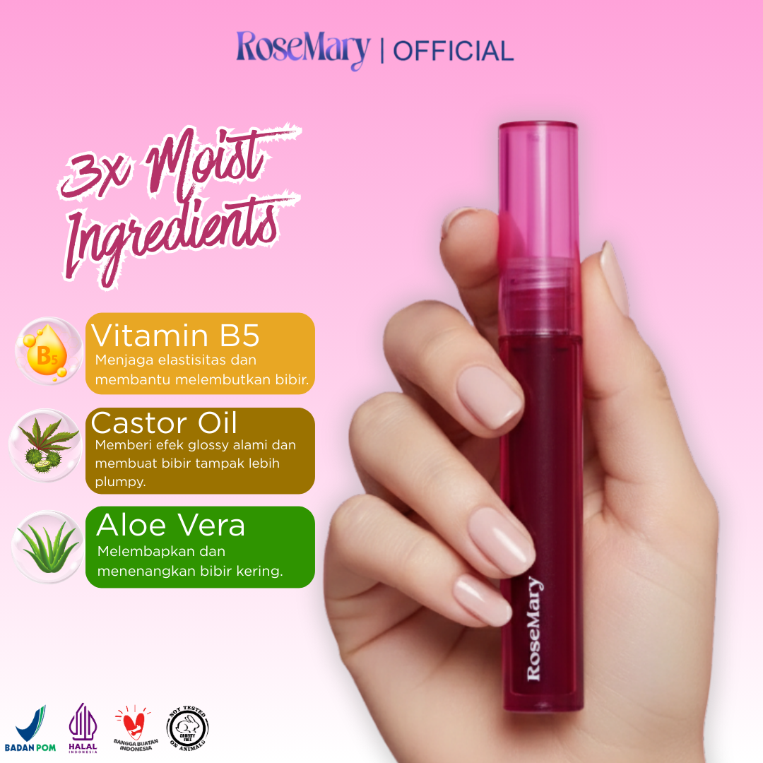 Rosemary Velvet Glow Water TintVITAMIN PELEMBAB BIBIR GLOSSY BEBAS KERING DAILY NATURAL LOOK TAHAN LAMA - Image 3