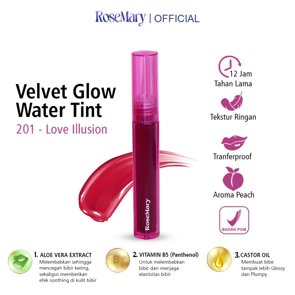 Rosemary Velvet Glow Water TintVITAMIN PELEMBAB BIBIR GLOSSY BEBAS KERING DAILY NATURAL LOOK TAHAN LAMA
