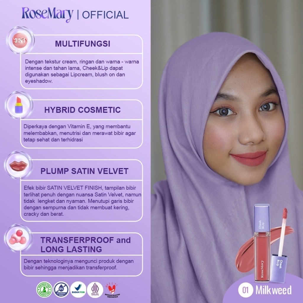 Rosemary Cheek&Lip 01 Milkweed | Lip Cream | Blush On Cream | Eyeshadow Cream | Matte Finish-Makeup - Image 2